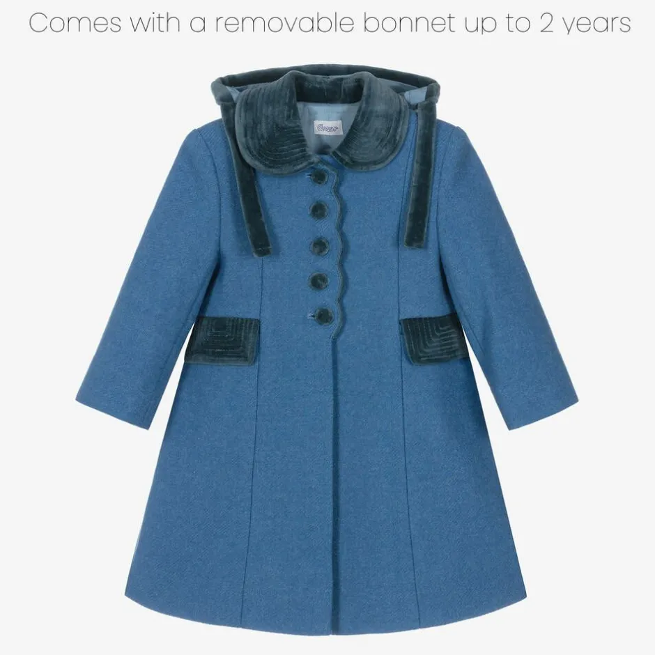 Ancar Girls Blue Wool & Velvet Coat Outlet