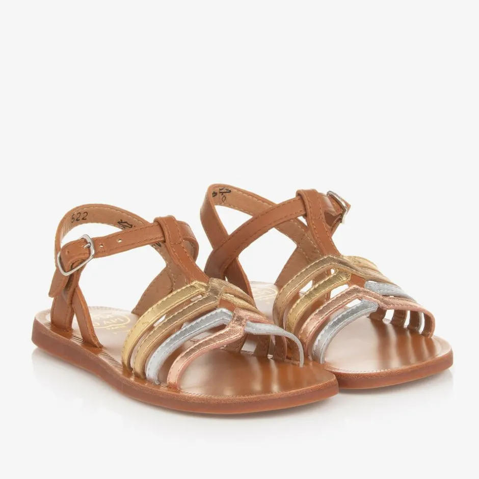 Pom dApi Girls Brown & Metallic Leather Sandals Camel Outlet