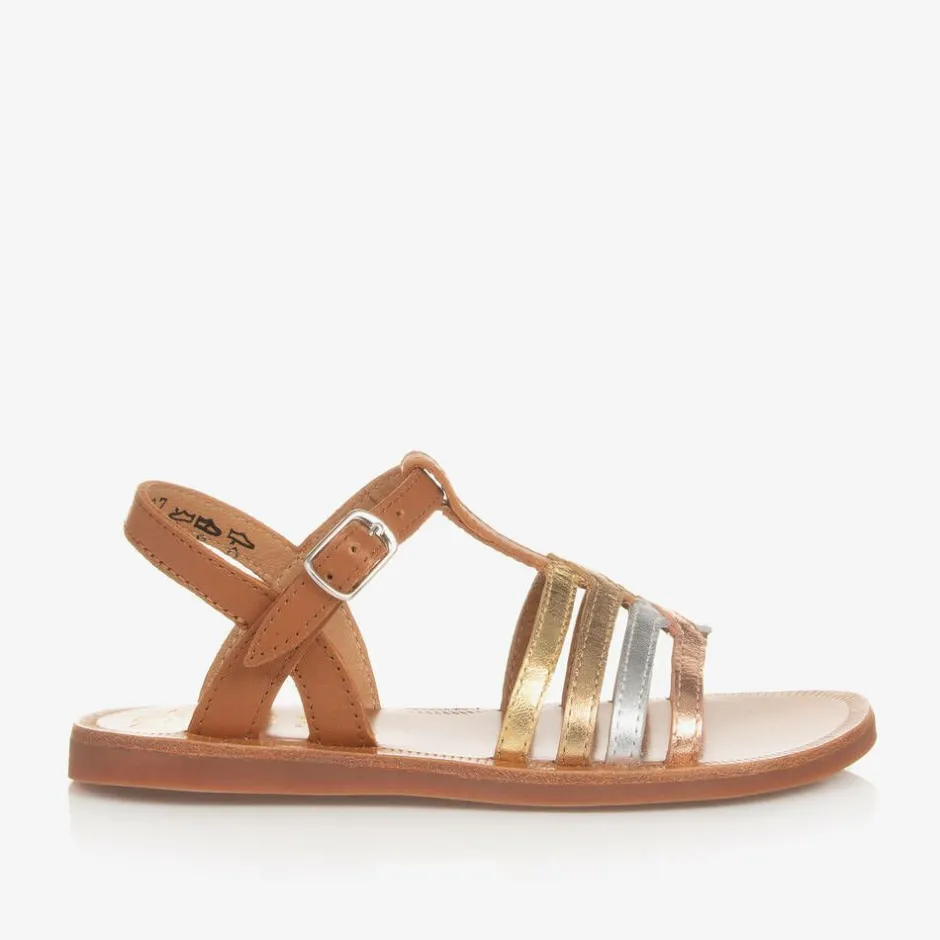 Pom dApi Girls Brown & Metallic Leather Sandals Camel Outlet