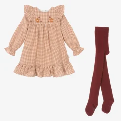 Tutto Piccolo Girls Brown Check Cotton Dress Set Discount
