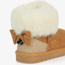 Monnalisa Girls Brown Faux Suede & Fur Trim Boots Discount