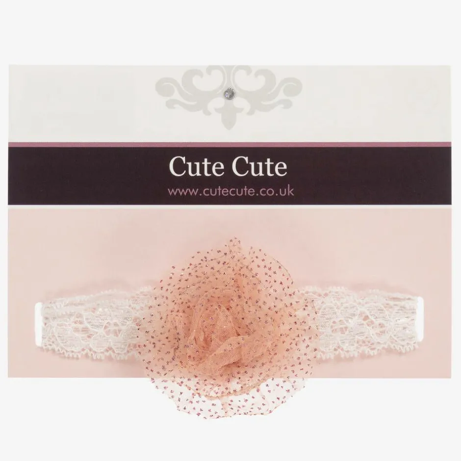 Cute Cute Girls Dusky Pink Glitter Ivory Lace Headband Outlet