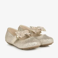 Michael Kors Kids Girls Glittery Gold Bow Ballet Pumps Discount