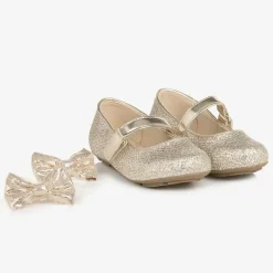 Michael Kors Kids Girls Glittery Gold Bow Ballet Pumps Discount