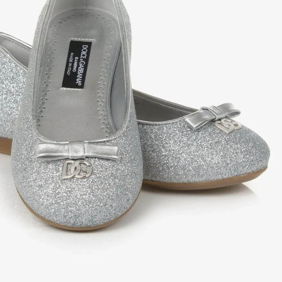 Dolce amp; Gabbana Girls Glittery Silver Leather DG Pumps Online