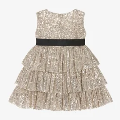 Phi Clothing Girls Gold & Silver Sequin Tiered Dress New