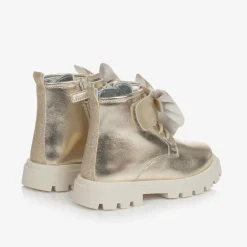 Monnalisa Girls Gold Leather Bow Ankle Boots