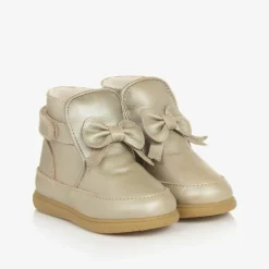 Donsje Girls Gold Leather Bow First Walker Boots Champagne Best