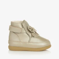 Donsje Girls Gold Leather Bow First Walker Boots Champagne Best
