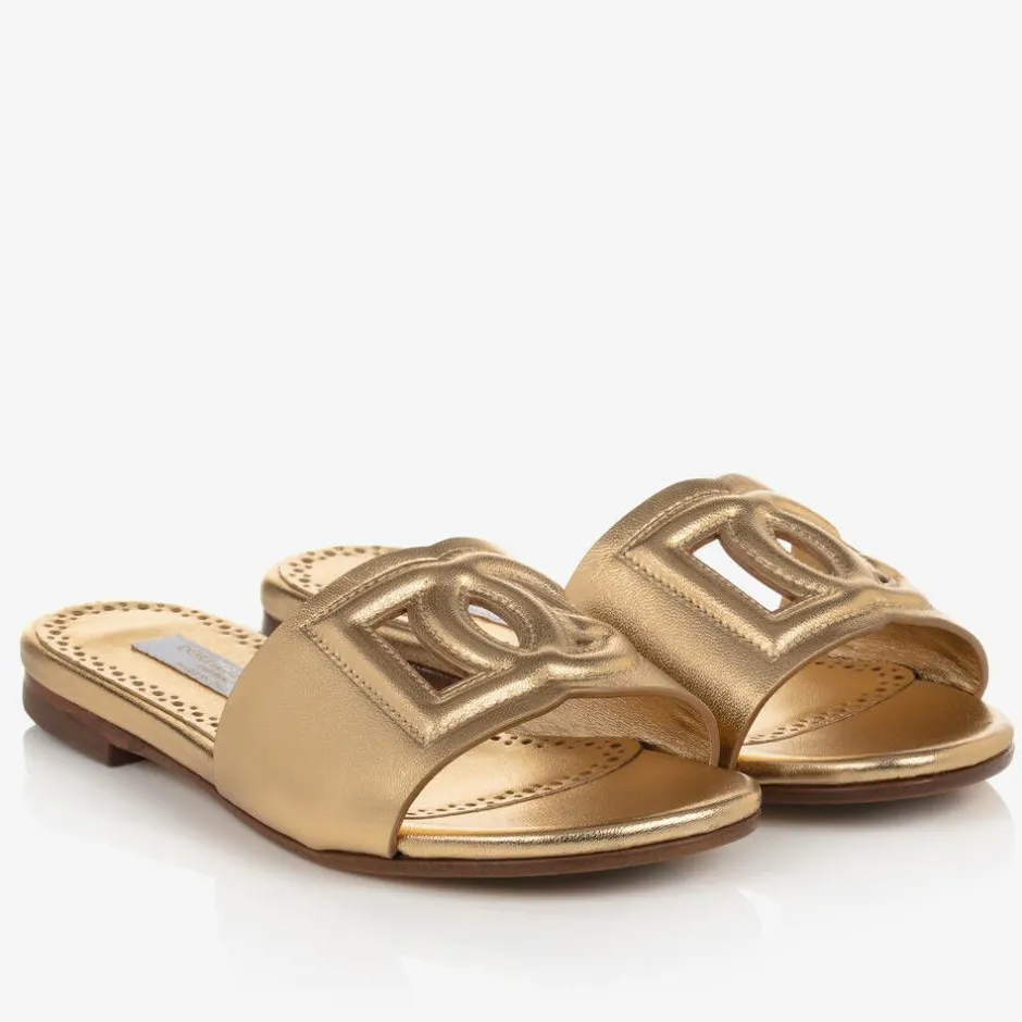 Dolce amp; Gabbana Girls Gold Leather DG Sliders Discount