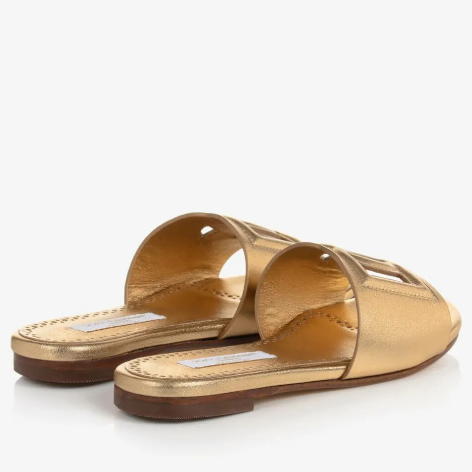 Dolce amp; Gabbana Girls Gold Leather DG Sliders Discount