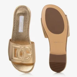 Dolce amp; Gabbana Girls Gold Leather DG Sliders Discount