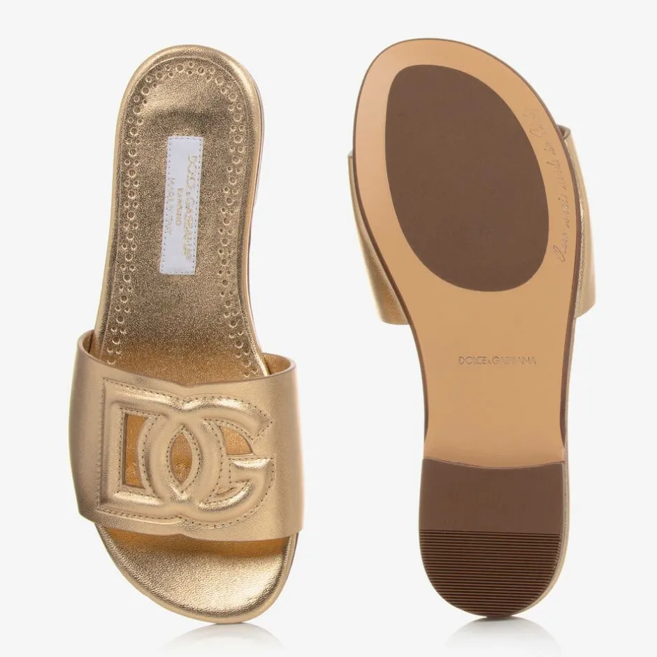 Dolce amp; Gabbana Girls Gold Leather DG Sliders Discount