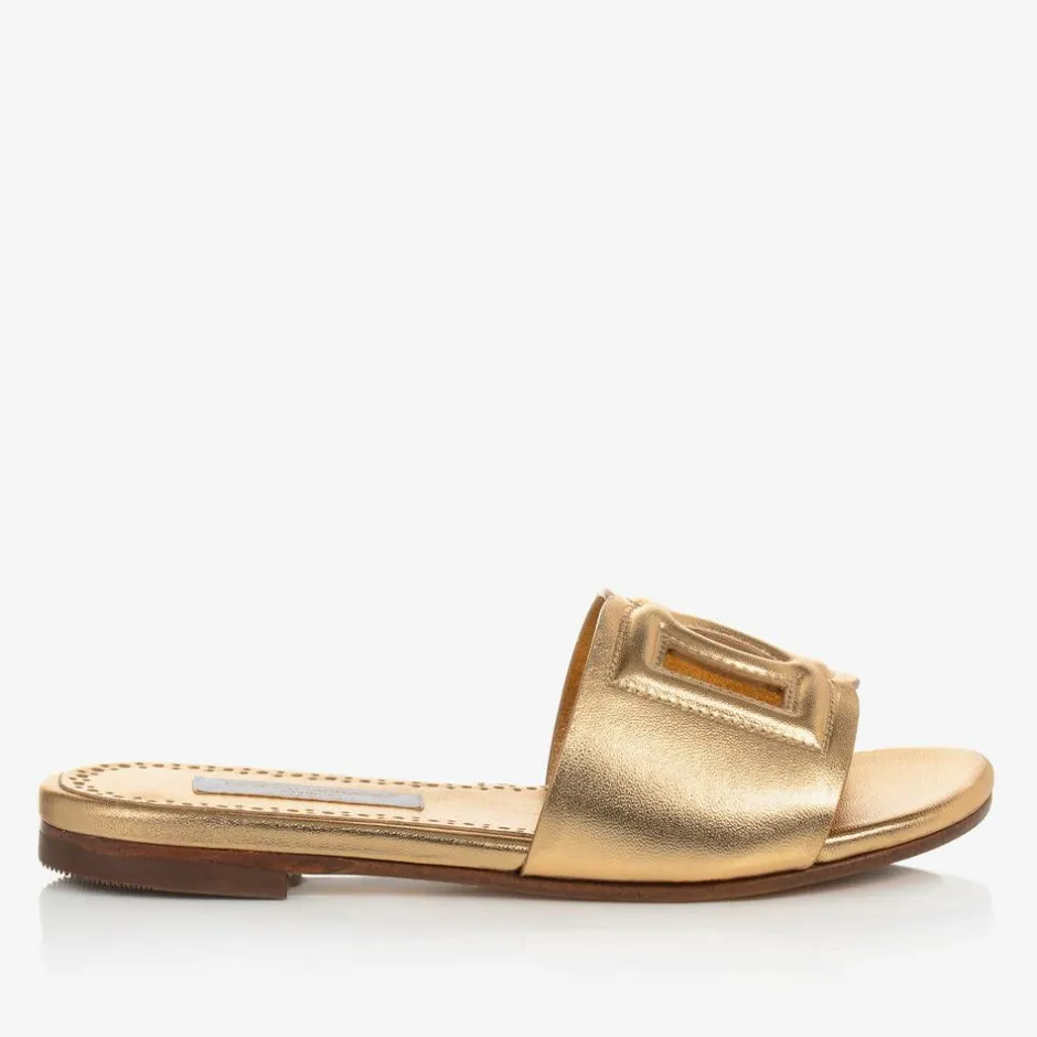 Dolce amp; Gabbana Girls Gold Leather DG Sliders Discount