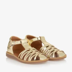 Pom dApi Girls Gold Leather Sandals Clearance