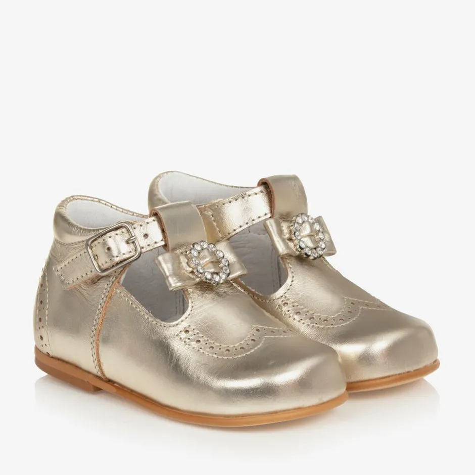 Childrens Classics Girls Gold Leather Shoes Hot