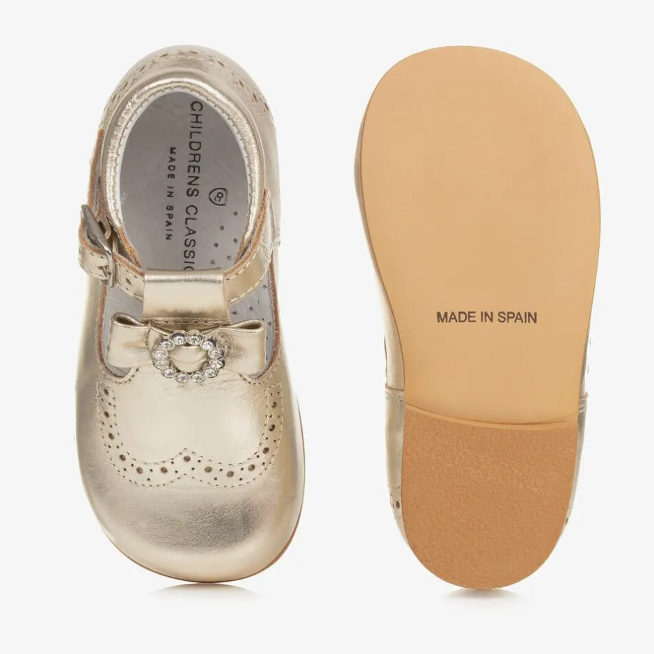 Childrens Classics Girls Gold Leather Shoes Hot