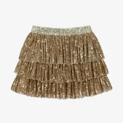 Phi Clothing Girls Gold Sequin Tulle Ruffle Skirt