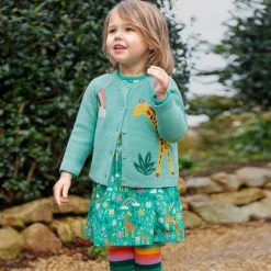 Frugi Girls Green Cotton Knit Giraffe Cardigan