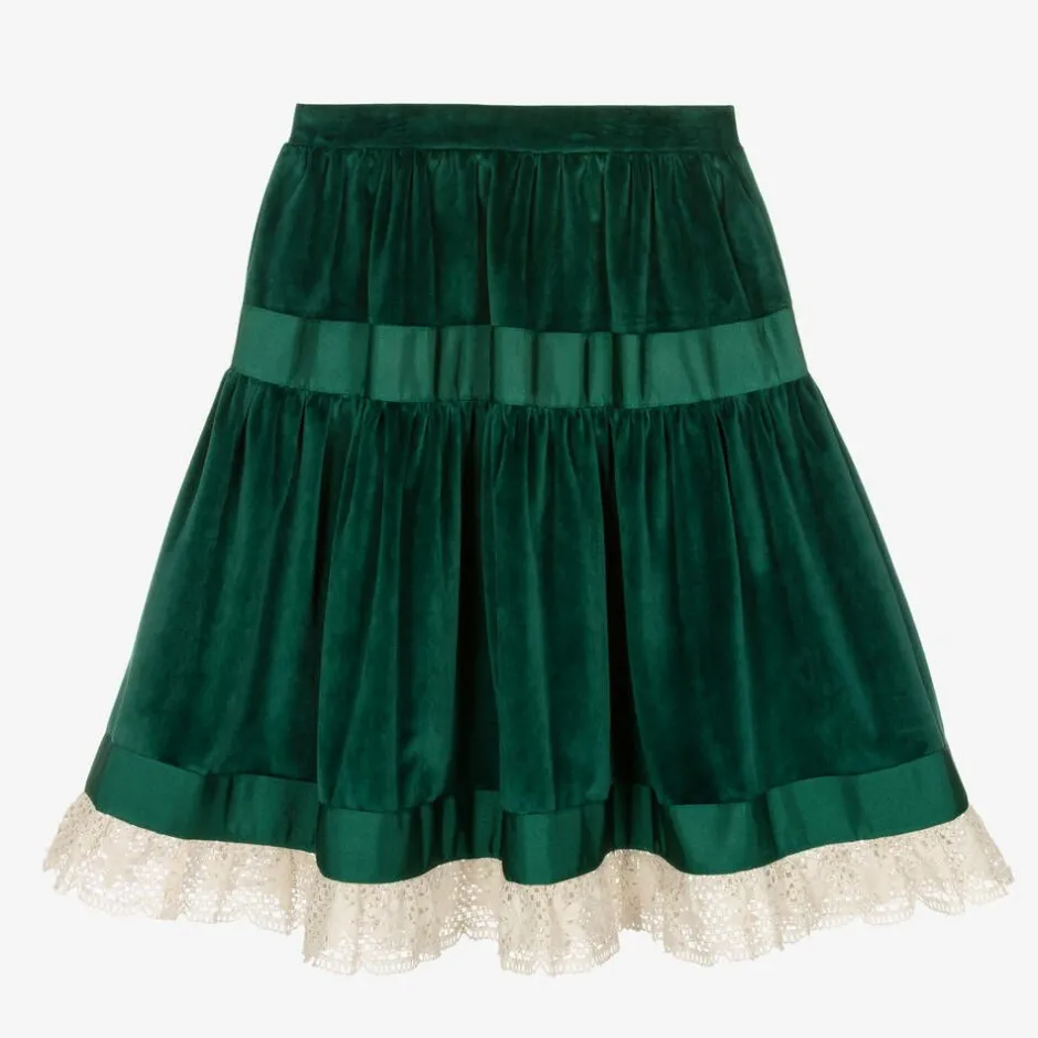 The Middle Daughter Girls Green Velvet & Lace Skirt Hot