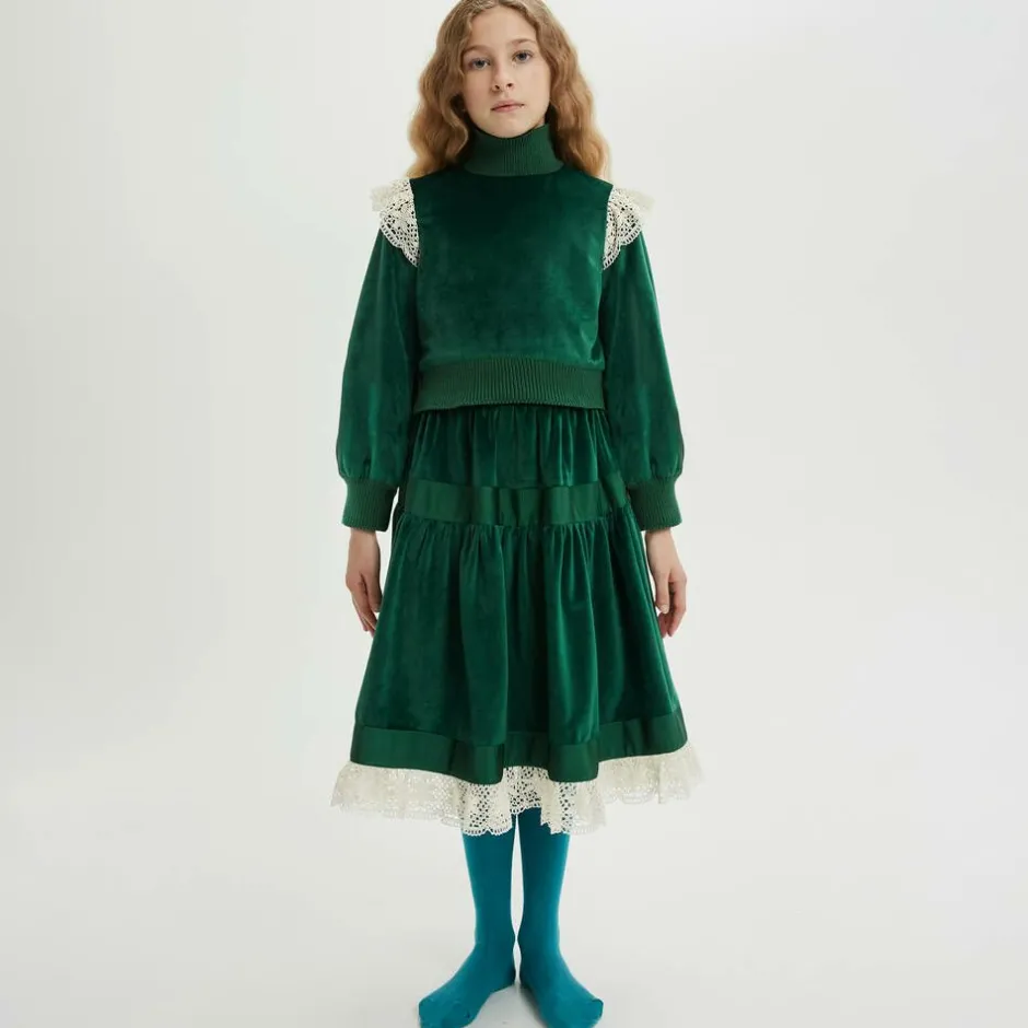 The Middle Daughter Girls Green Velvet & Lace Skirt Hot
