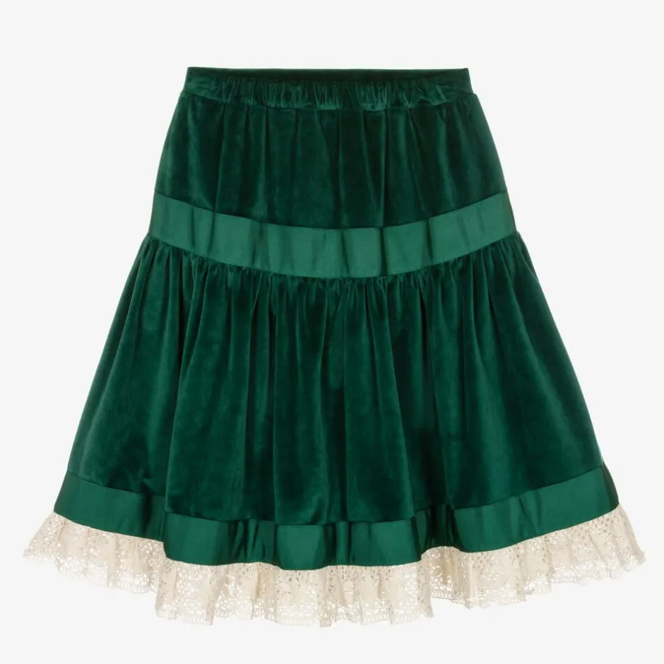 The Middle Daughter Girls Green Velvet & Lace Skirt Hot