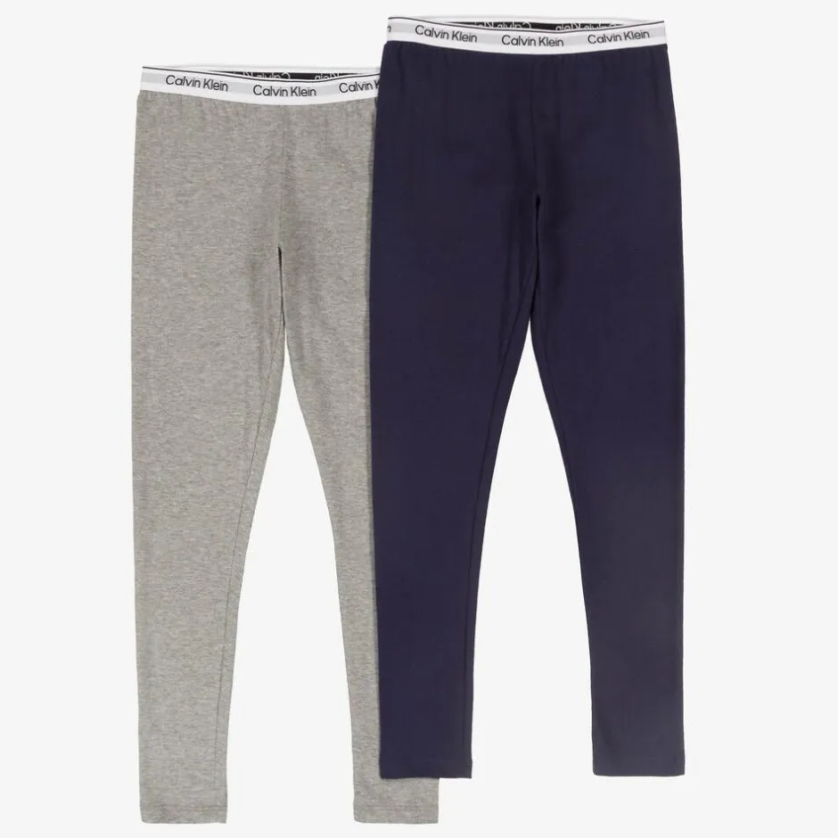 Calvin Klein Girls Grey & Blue Cotton Leggings (2 Pack) Outlet