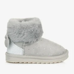 Monnalisa Girls Grey Faux Suede & Fur Trim Boots Outlet