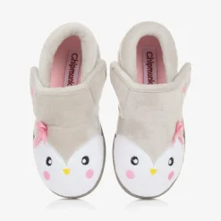 Chipmunks Girls Grey Fleece Penguin Slippers Clearance