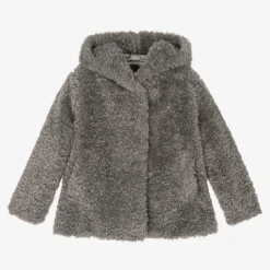 Monnalisa Girls Grey Hooded Faux Fur Coat Outlet