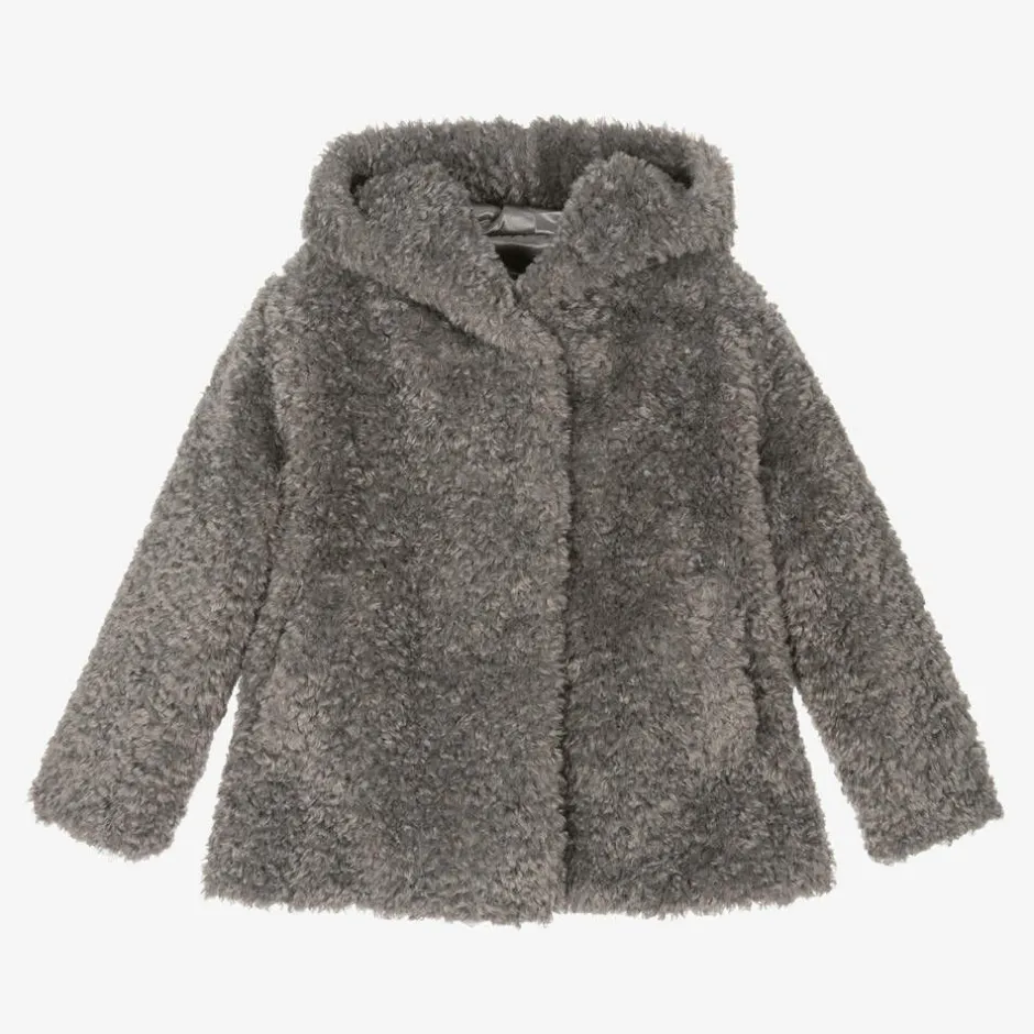 Monnalisa Girls Grey Hooded Faux Fur Coat Outlet
