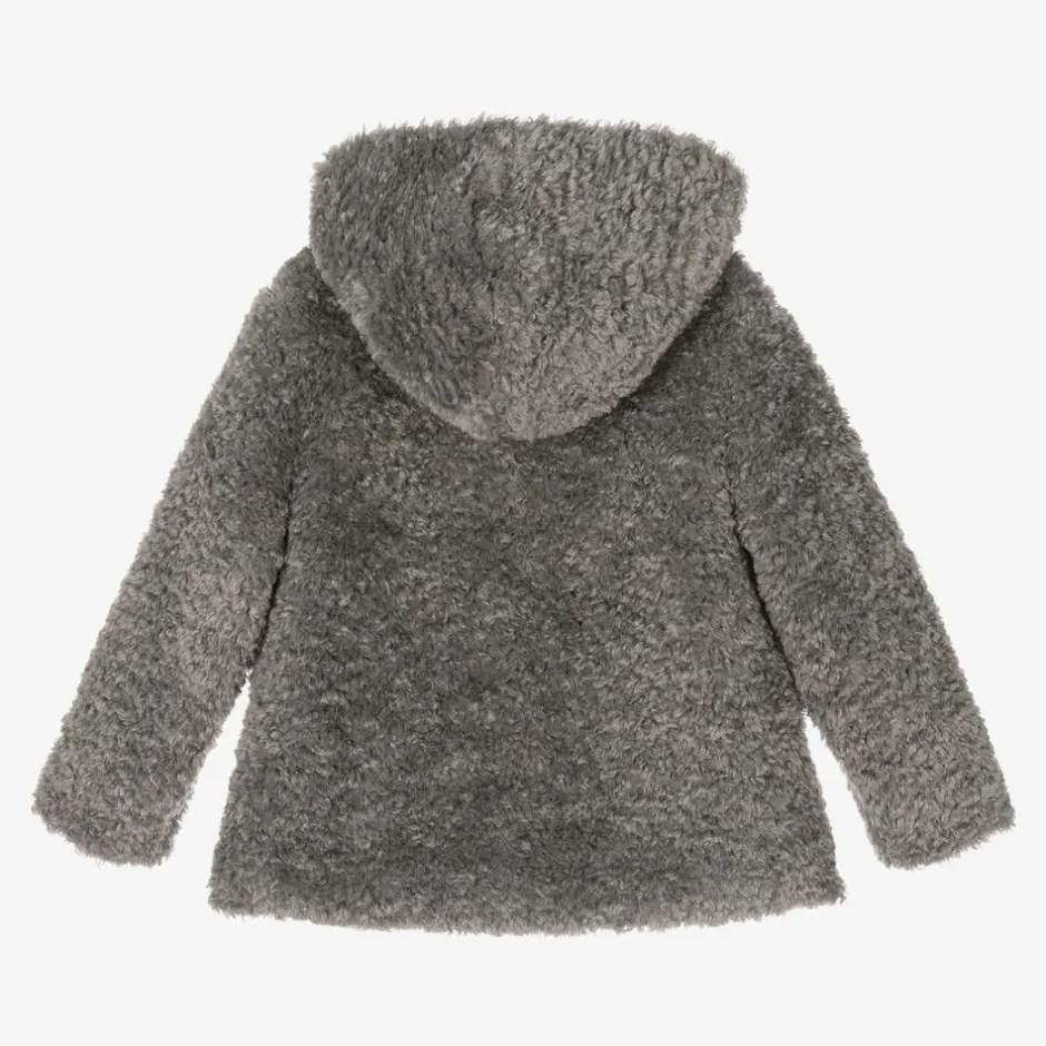 Monnalisa Girls Grey Hooded Faux Fur Coat Outlet