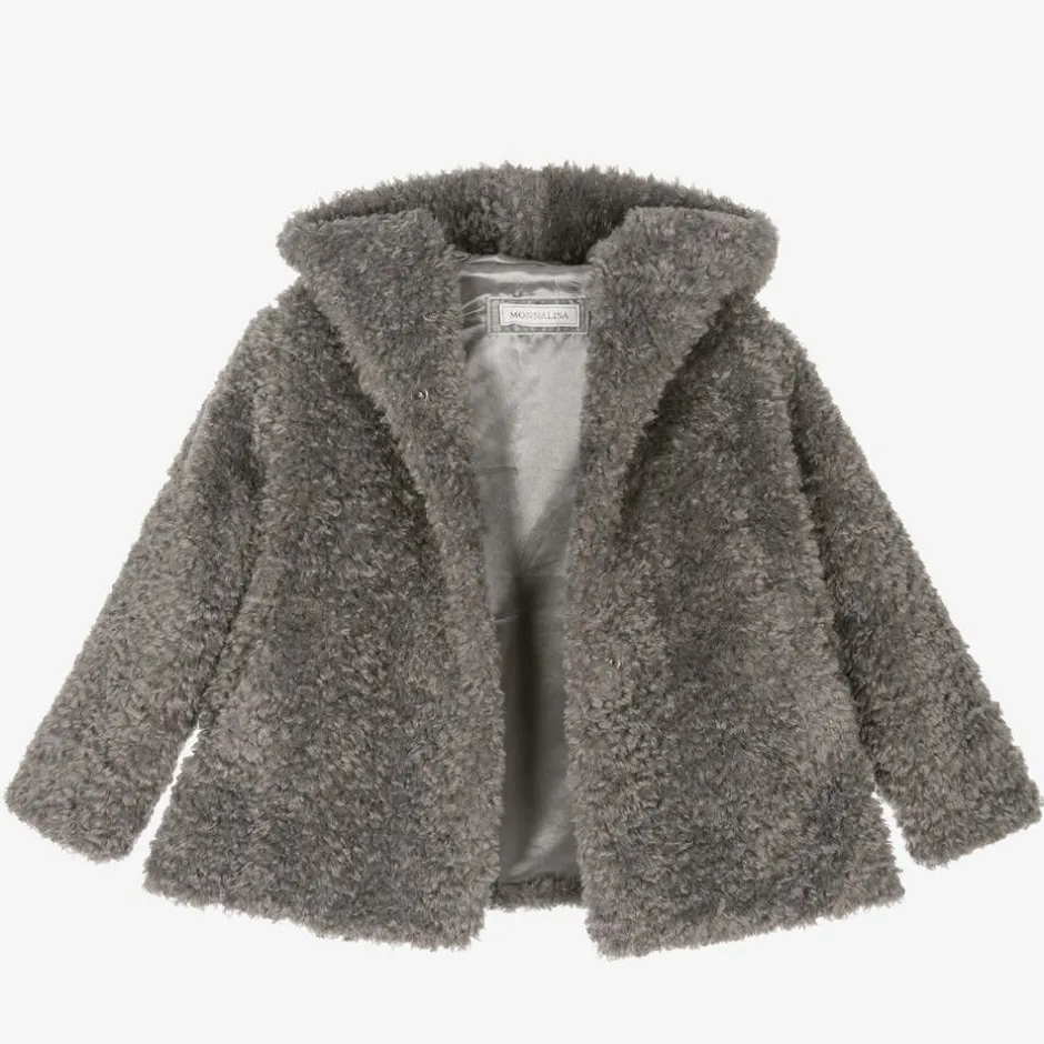 Monnalisa Girls Grey Hooded Faux Fur Coat Outlet