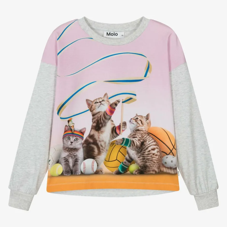 Molo Girls Grey Organic Cotton Cat Top New