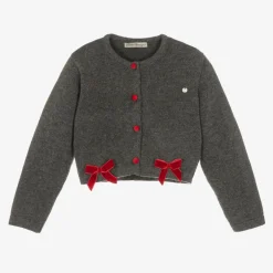 Piccola Speranza Girls Grey Wool & Red Velvet Bow Cardigan Hot