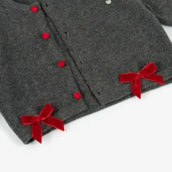 Piccola Speranza Girls Grey Wool & Red Velvet Bow Cardigan Hot