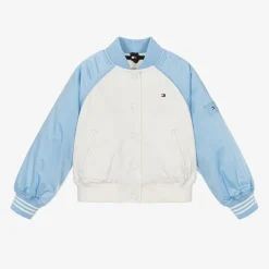 Tommy Hilfiger Girls Ivory & Blue Varsity Bomber Jacket New