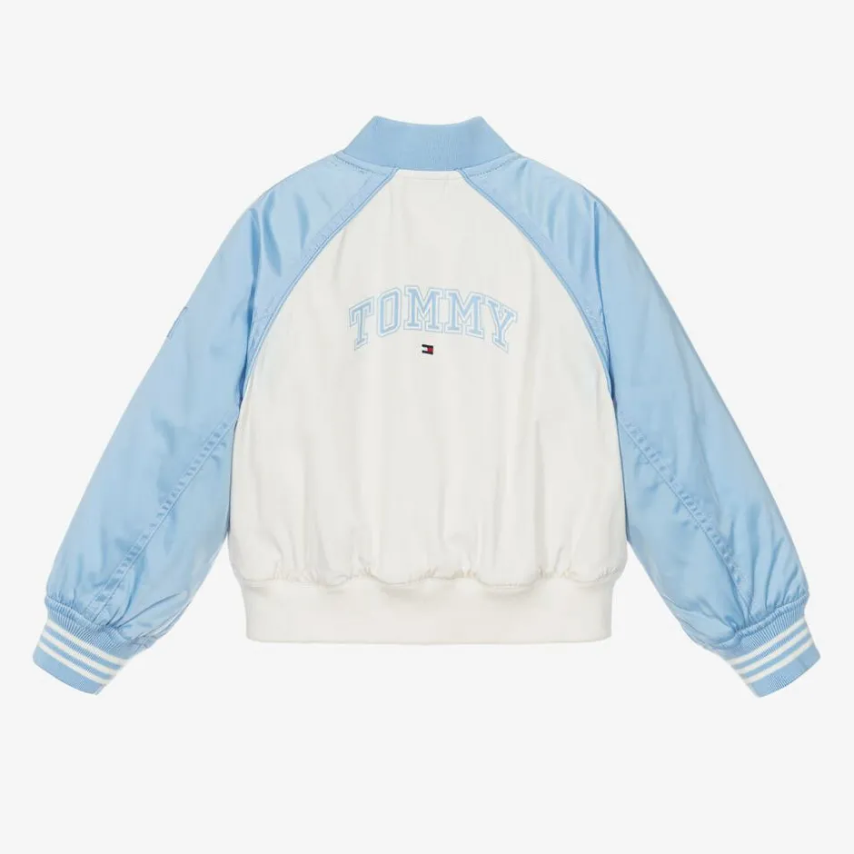 Tommy Hilfiger Girls Ivory & Blue Varsity Bomber Jacket New