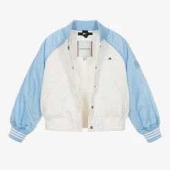 Tommy Hilfiger Girls Ivory & Blue Varsity Bomber Jacket New