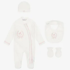 Beau KiD Girls Ivory & Pink Cotton Babysuit Set