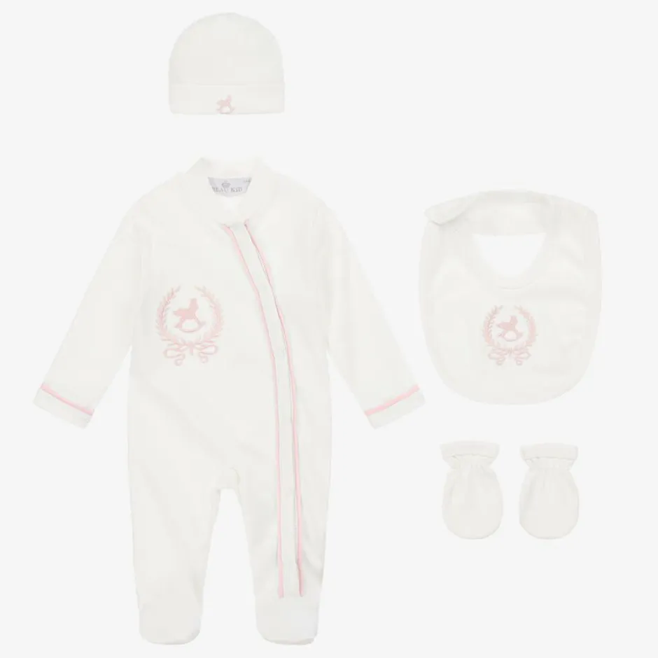 Beau KiD Girls Ivory & Pink Cotton Babysuit Set