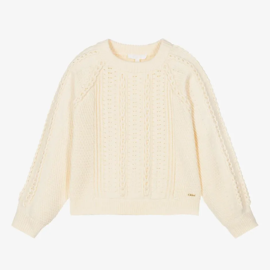 Chloé Girls Ivory Cotton Cable Knit Sweater Clearance