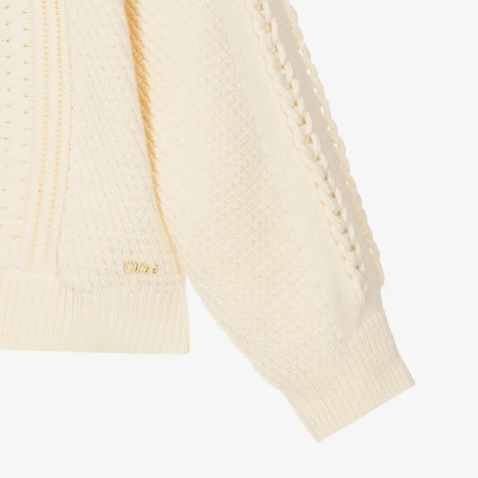 Chloé Girls Ivory Cotton Cable Knit Sweater Clearance