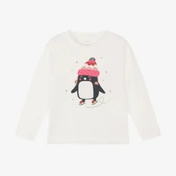 NAME IT Girls Ivory Cotton Festive Penguin Top Hot