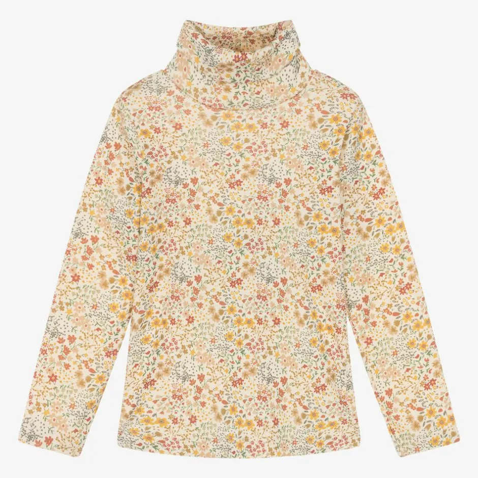Petit Bateau Girls Ivory Cotton Floral Roll Neck Top Online