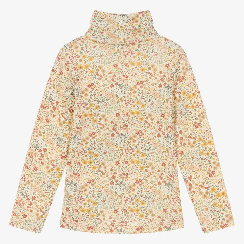Petit Bateau Girls Ivory Cotton Floral Roll Neck Top Online