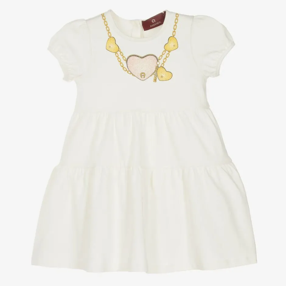 AIGNER Girls Ivory Cotton Necklace Print Dress Discount