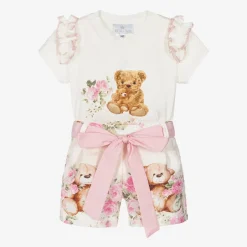 Beau KiD Girls Ivory Cotton Teddy Bear Shorts Set