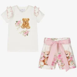 Beau KiD Girls Ivory Cotton Teddy Bear Shorts Set