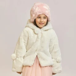 Bowtique London Girls Ivory Faux Fur Hooded Jacket Clearance